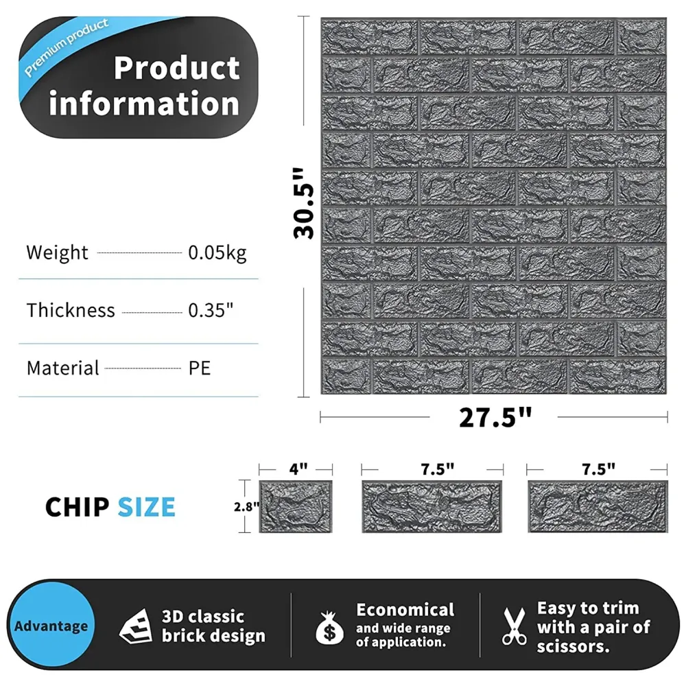 Grey Foam Wall Paper, 3D Brick Wall Stickers Self-Adhesive Panel Decal PE Wallpaper - Peel and Stick Wall Panels, 5.8 Sqft - 4