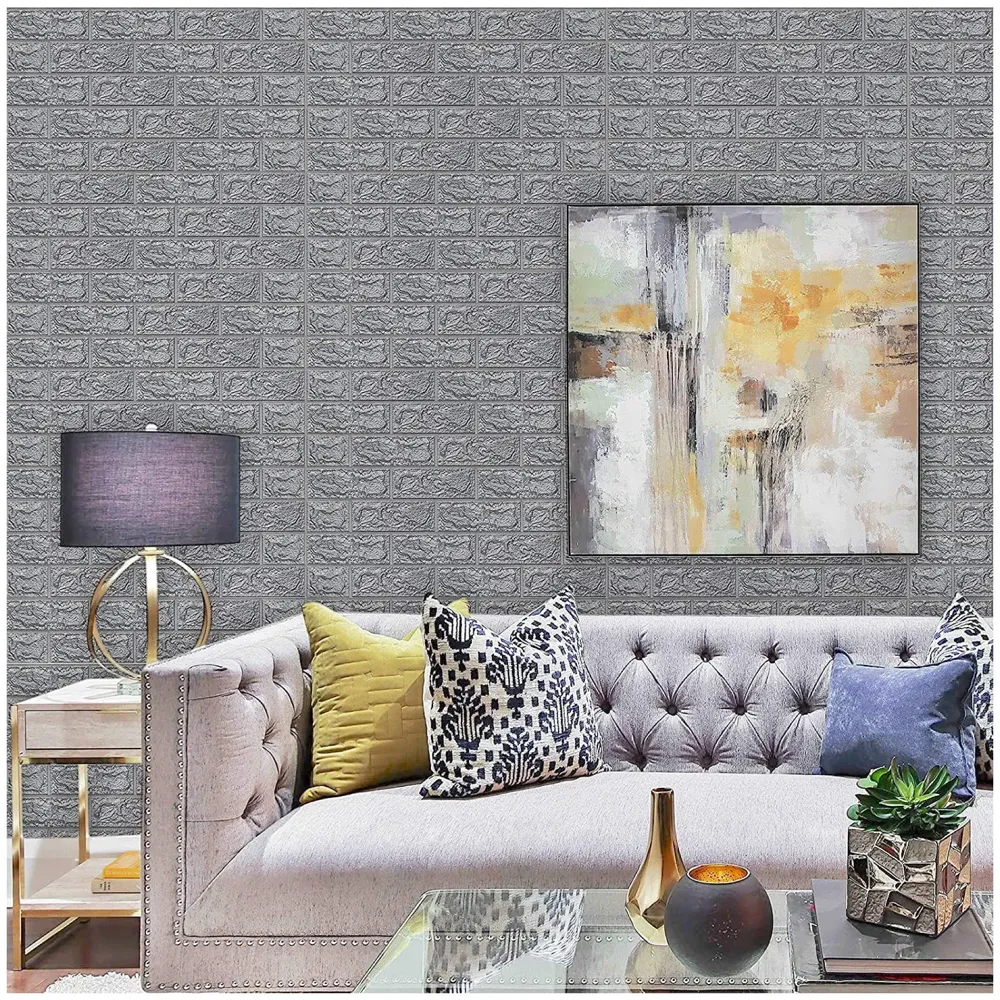 Grey Foam Wall Paper, 3D Brick Wall Stickers Self-Adhesive Panel Decal PE Wallpaper - Peel and Stick Wall Panels, 5.8 Sqft - 8