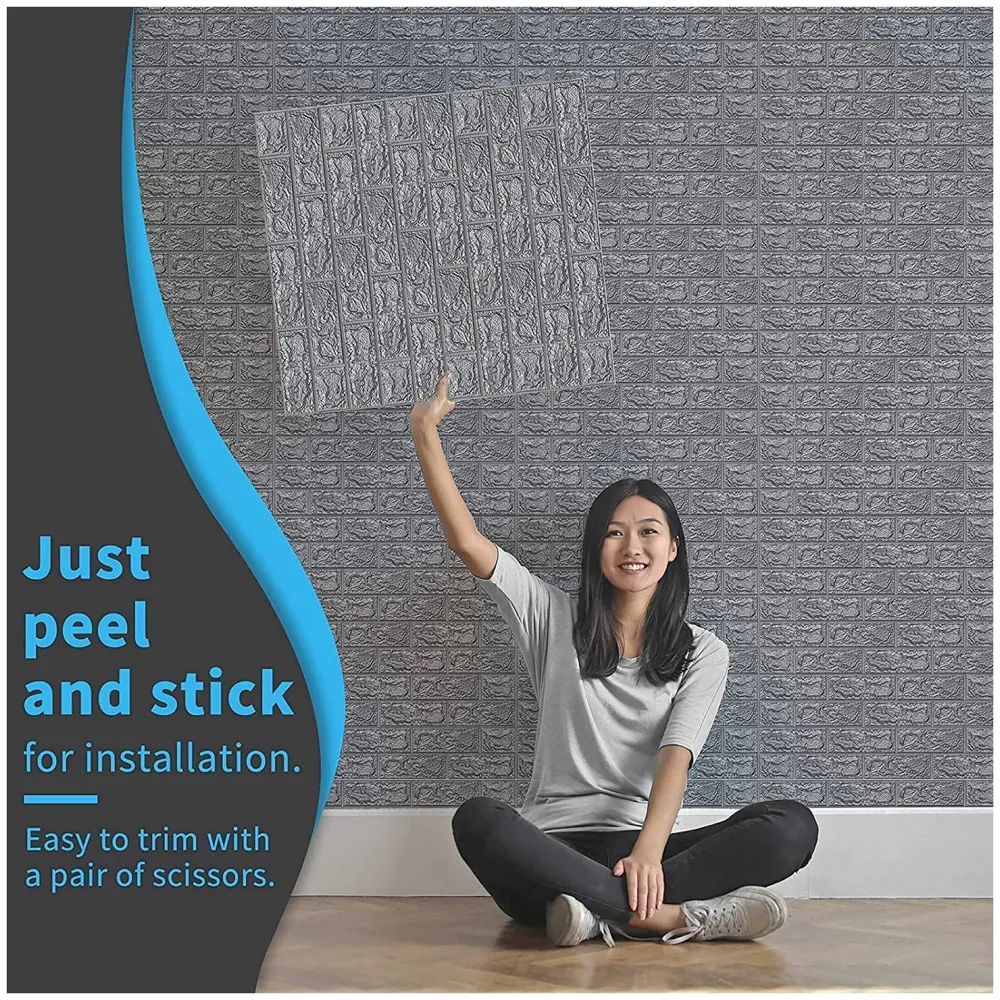 Grey Foam Wall Paper, 3D Brick Wall Stickers Self-Adhesive Panel Decal PE Wallpaper - Peel and Stick Wall Panels, 5.8 Sqft - 9