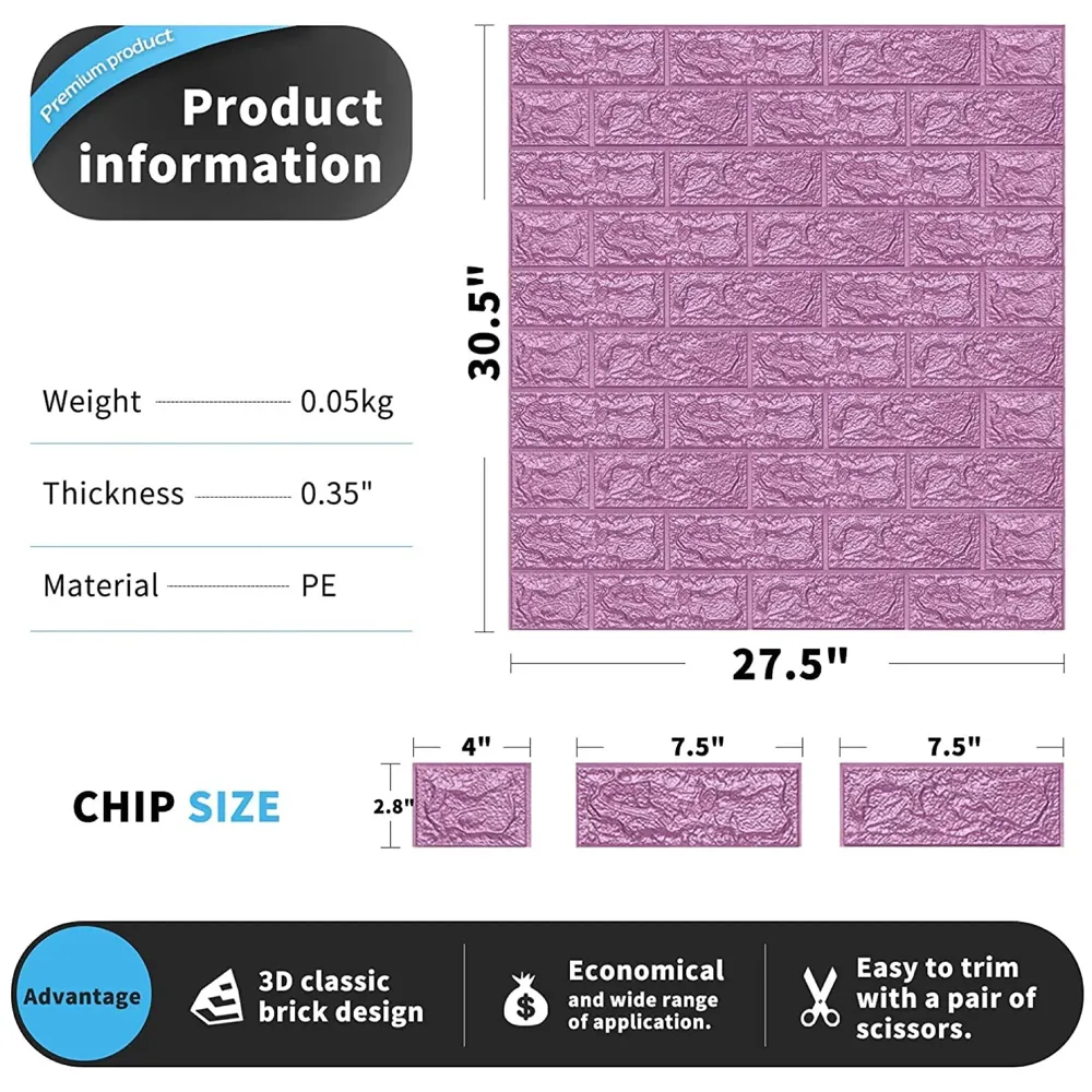 Pink Foam Wall Paper, 3D Brick Wall Stickers Self-Adhesive Panel Decal PE Wallpaper - Peel and Stick Wall Panels, 5.8 Sqft - 2