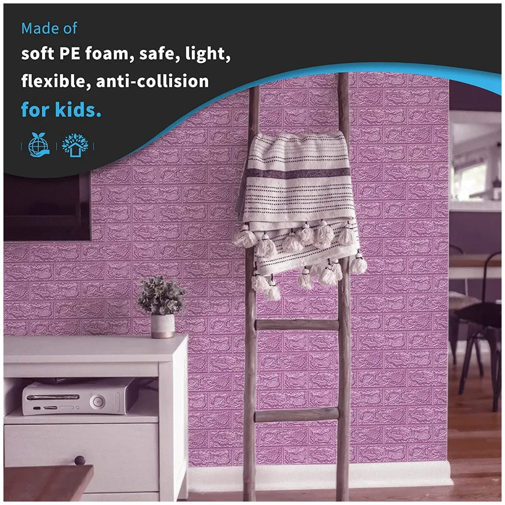 Pink Foam Wall Paper, 3D Brick Wall Stickers Self-Adhesive Panel Decal PE Wallpaper - Peel and Stick Wall Panels, 5.8 Sqft - 3