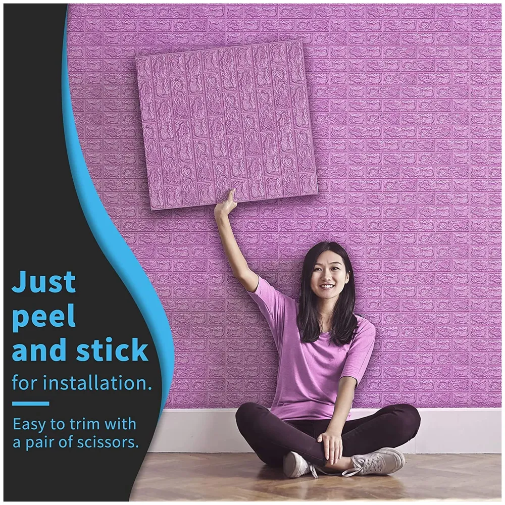 Pink Foam Wall Paper, 3D Brick Wall Stickers Self-Adhesive Panel Decal PE Wallpaper - Peel and Stick Wall Panels, 5.8 Sqft - 4