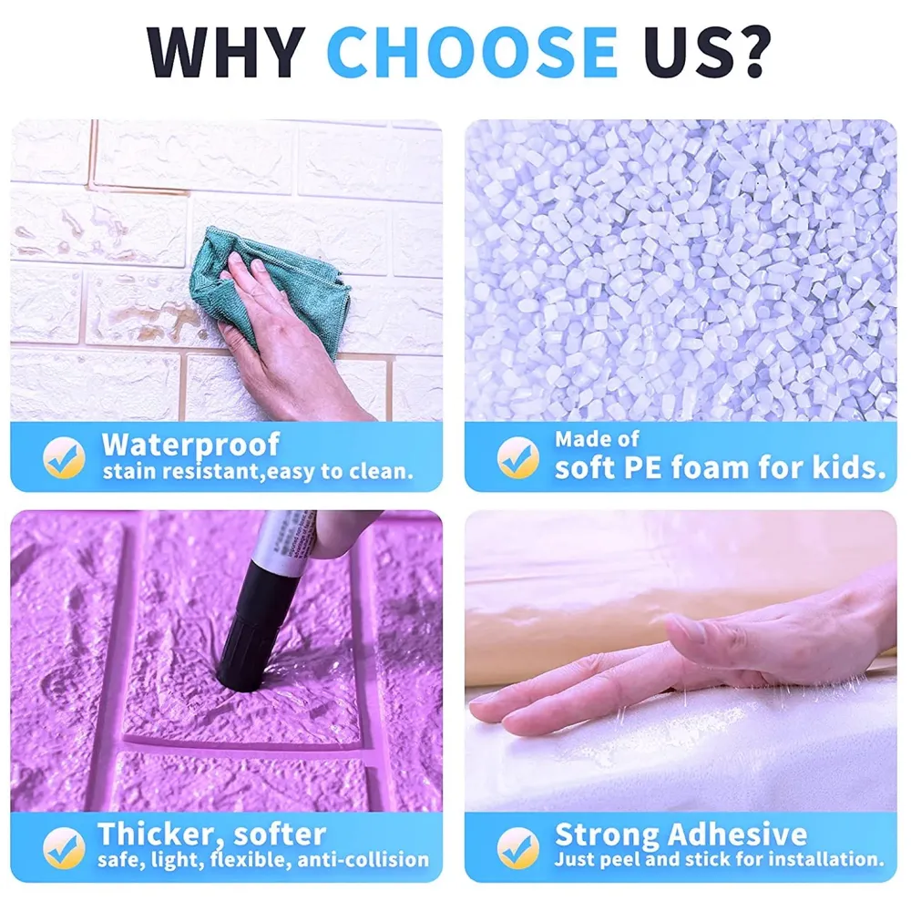 Pink Foam Wall Paper, 3D Brick Wall Stickers Self-Adhesive Panel Decal PE Wallpaper - Peel and Stick Wall Panels, 5.8 Sqft - 5