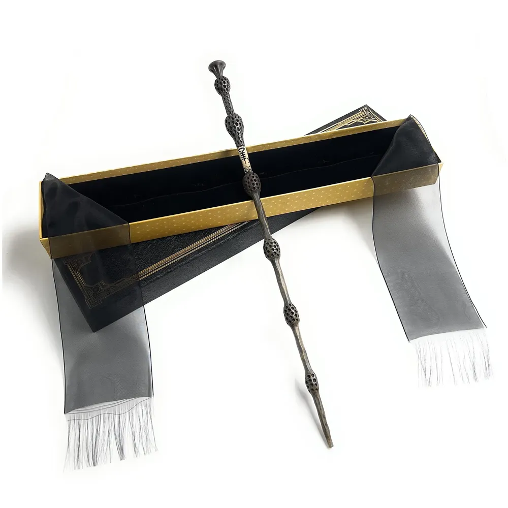 Premium Polyresin & Metal Magic Wand Wizard Sorcerers Wand with Ribbon Box Metal Core Inside, Life Size 1:1 (Style 1) black