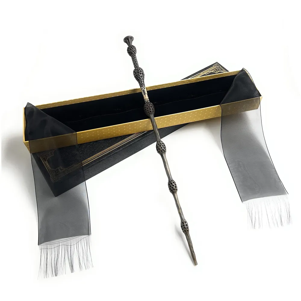 Premium Polyresin & Metal Magic Wand Wizard Sorcerers Wand with Ribbon Box Metal Core Inside, Life Size 1:1 (Style 1) black