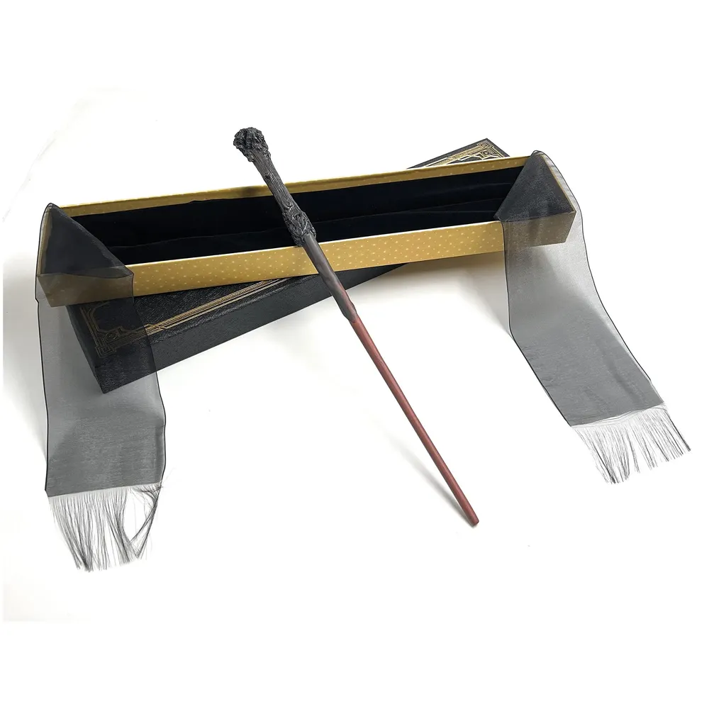 Premium Polyresin & Metal Magic Wand Wizard Sorcerers Wand With Ribbon Box Metal Core Inside, Life Size 1:1 (Style 2) (Black), Kid