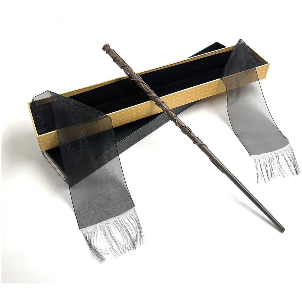 Premium Polyresin & Metal Magic Wand Wizard Sorcerers Wand with Ribbon Box Metal Core Inside, Life Size 1:1 (Style 4) black