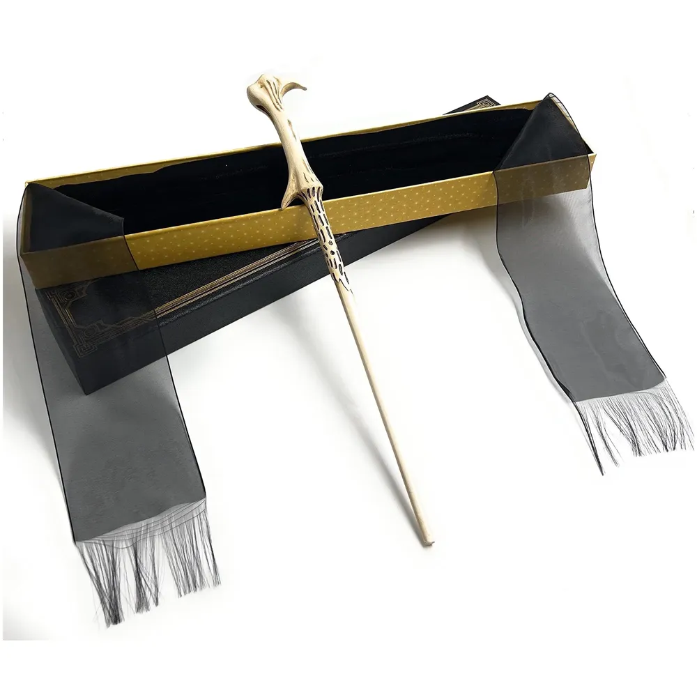 Premium Polyresin & Metal Magic Wand Wizard Sorcerers Wand with Ribbon Box Metal Core Inside, Life Size 1:1 (Style 6) black