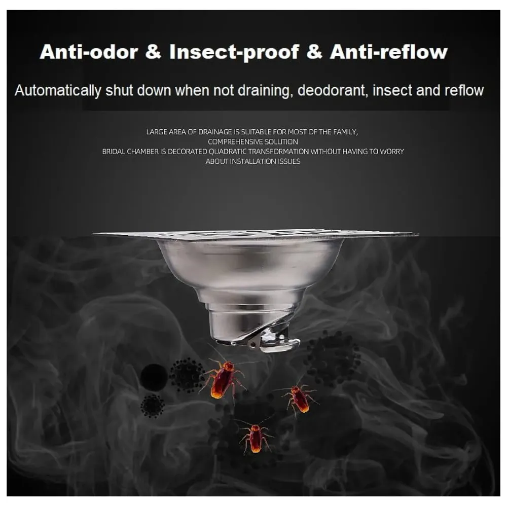 4 x 4 Inch Washing Machine and Dish Washer Floor Drain - Silver with Chrome Finish - Floor Trap for Bathroom, Kitchen - Anti Clogging & Anti Pests.