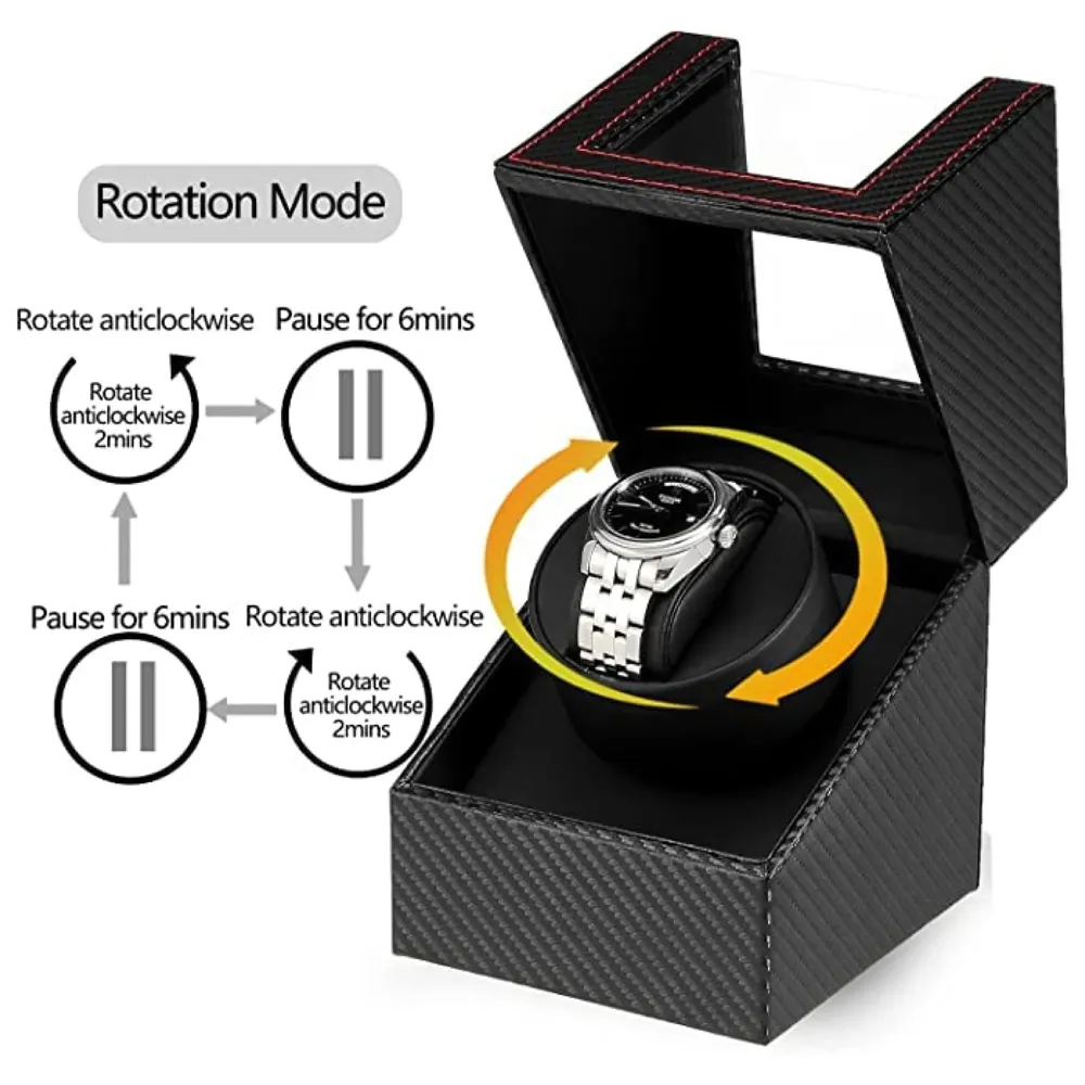 Unisex Luxury Automatic Single Watch Winder With Quiet Motor, In Black Leather, Ac Adapter Or Battery Powered Watch Box Case, Analog-Digital