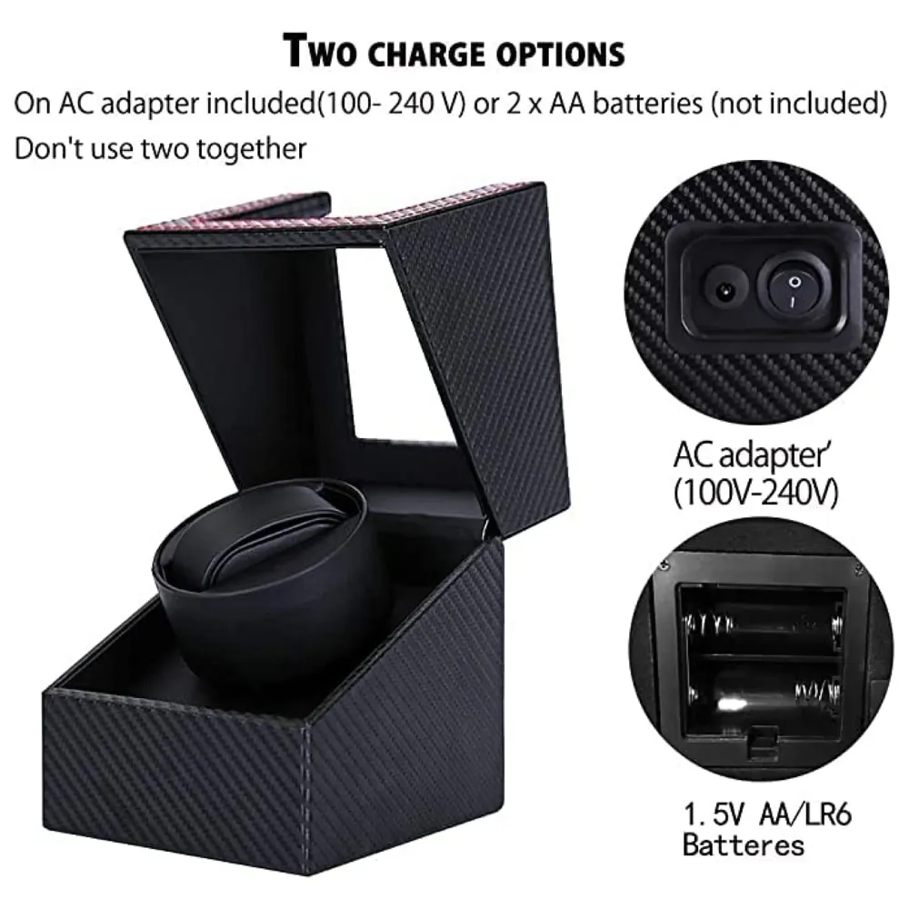Unisex Luxury Automatic Single Watch Winder With Quiet Motor, In Black Leather, Ac Adapter Or Battery Powered Watch Box Case, Analog-Digital