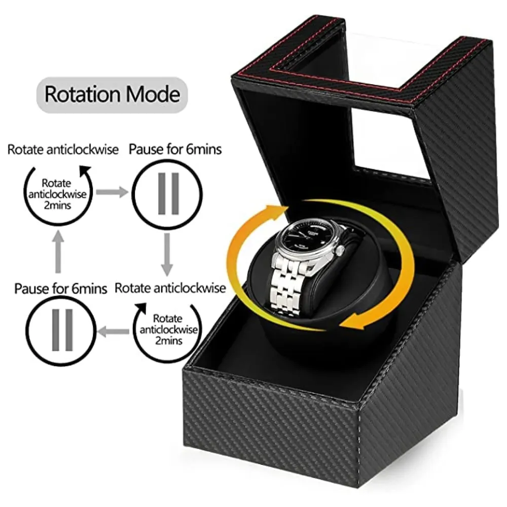 Unisex Luxury Automatic Single Watch Winder With Quiet Motor, In Black Leather, Ac Adapter Or Battery Powered Watch Box Case, Analog-Digital