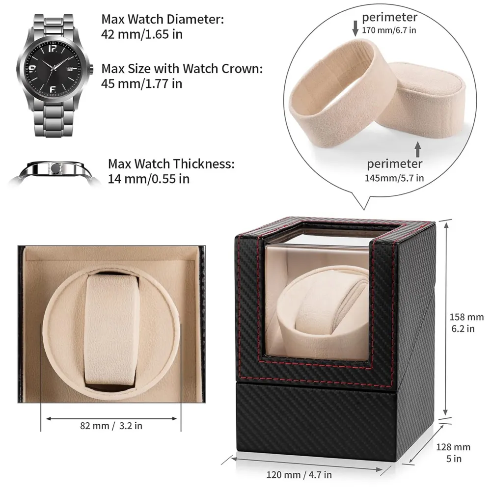 Luxury Automatic Single Watch Winder with Quiet Motor, in Black Leather, AC Adapter or Battery Powered Watch Box Case Beige Interior