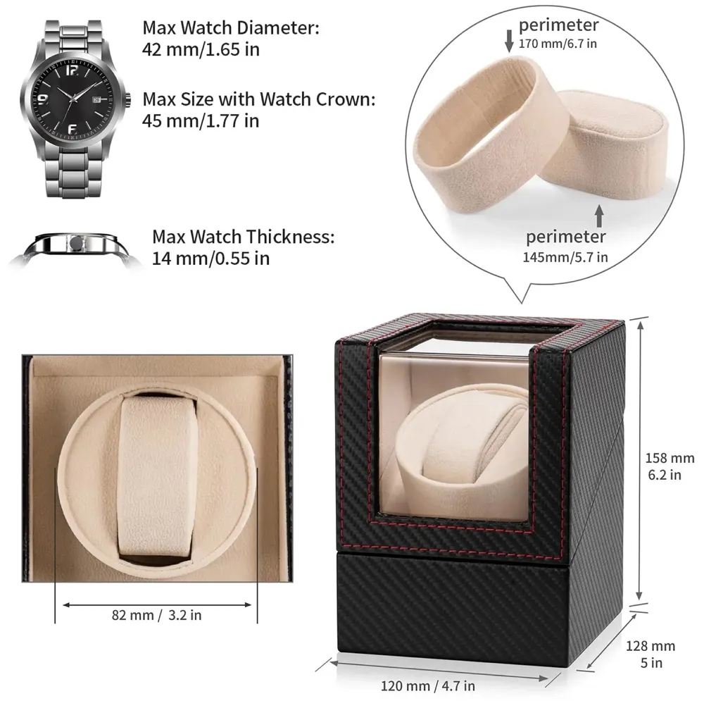Efaithtek Men Automatic Single Analog Watch Winder In Black Carbon Fiber Leather With Japanese Mabuchi Quiet Motor,Ac Adapter Or Battery Powered - 2