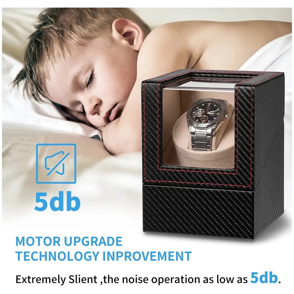 Efaithtek Men Automatic Single Analog Watch Winder In Black Carbon Fiber Leather With Japanese Mabuchi Quiet Motor,Ac Adapter Or Battery Powered - 3