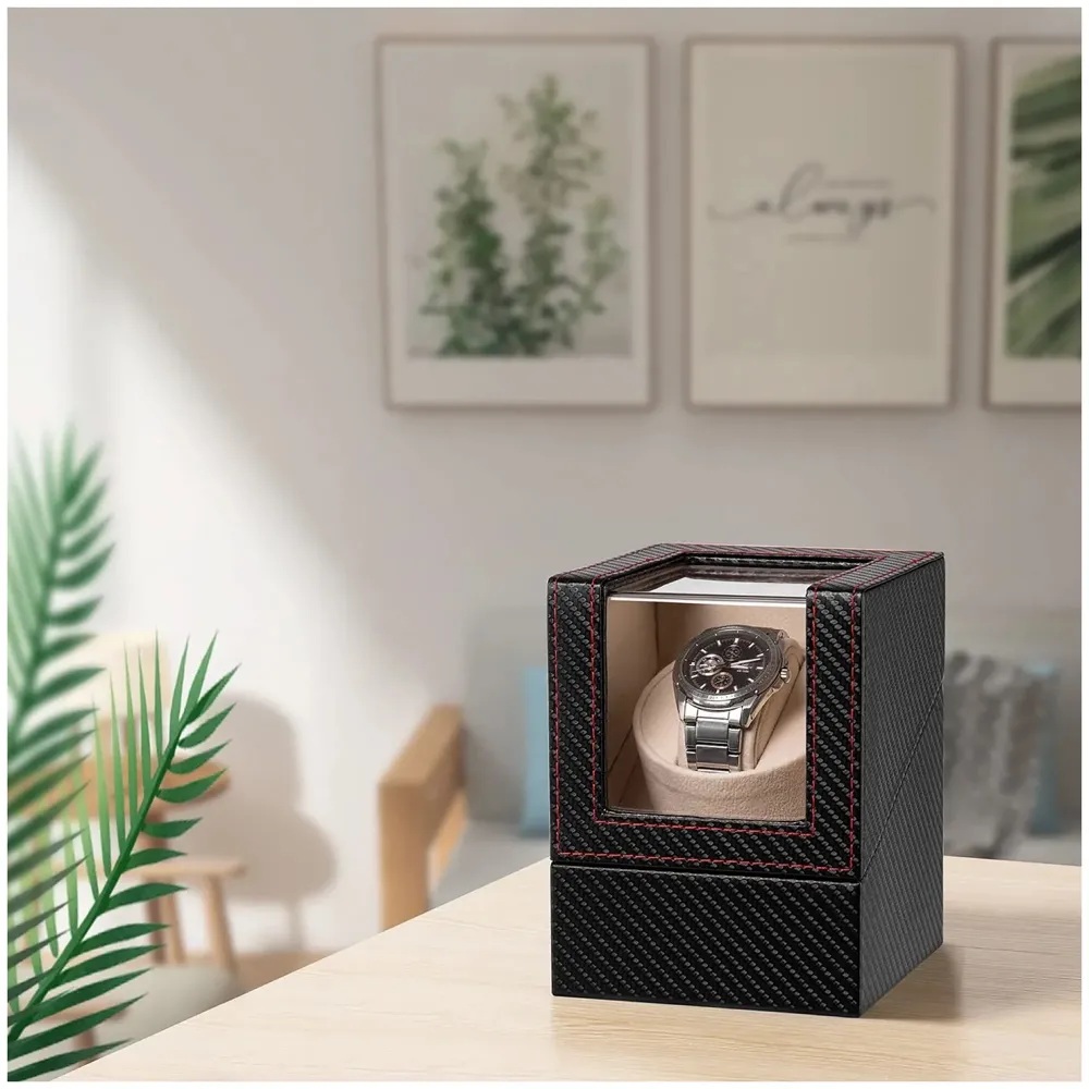 Efaithtek Men Automatic Single Analog Watch Winder In Black Carbon Fiber Leather With Japanese Mabuchi Quiet Motor,Ac Adapter Or Battery Powered - 6
