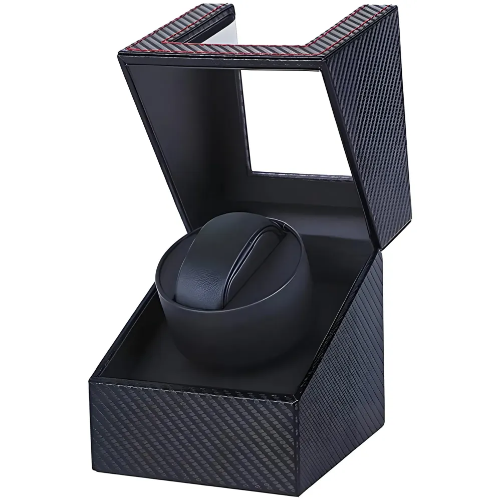 Black Luxury Automatic Single Watch Winder with Quiet Motor, AC Adapter or Battery Powered Watch Box Case Carbon Fibre Design with Red Lining
