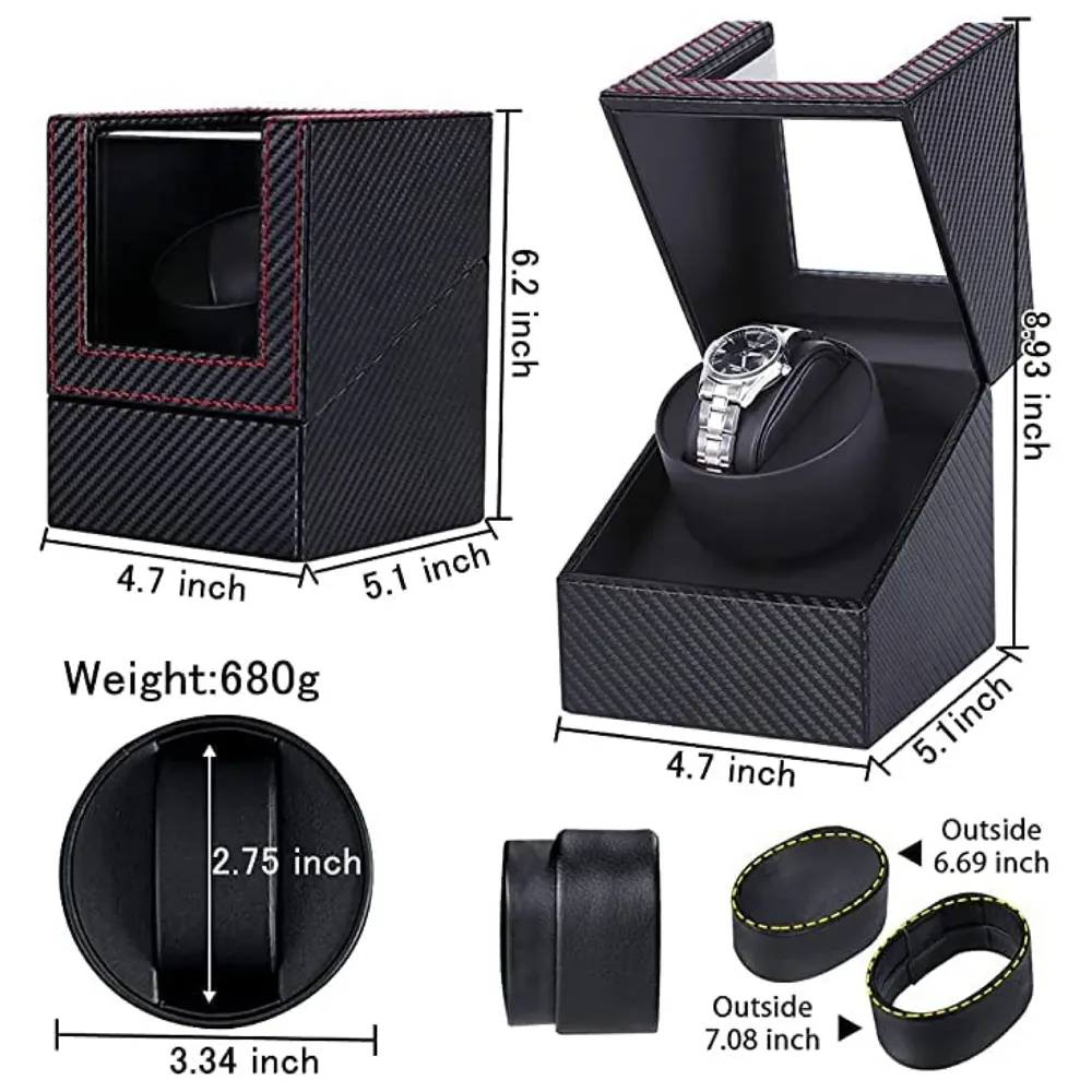 Black Luxury Automatic Single Watch Winder with Quiet Motor, AC Adapter or Battery Powered Watch Box Case Carbon Fibre Design with Red Lining
