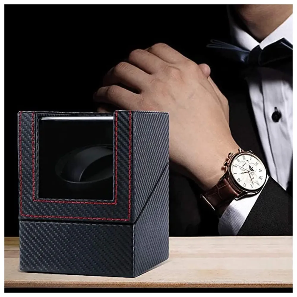 Black Luxury Automatic Single Watch Winder with Quiet Motor, AC Adapter or Battery Powered Watch Box Case Carbon Fibre Design with Red Lining