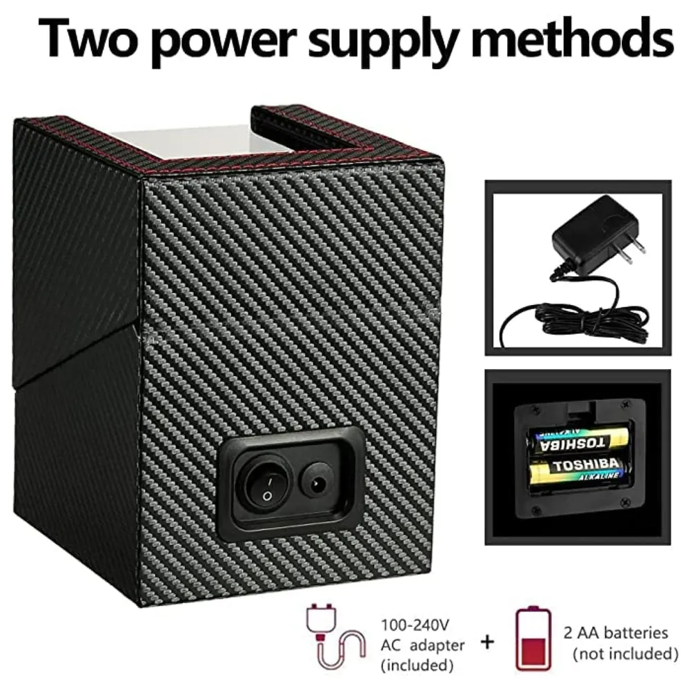 Black Luxury Automatic Single Watch Winder with Quiet Motor, AC Adapter or Battery Powered Watch Box Case Carbon Fibre Design with Red Lining