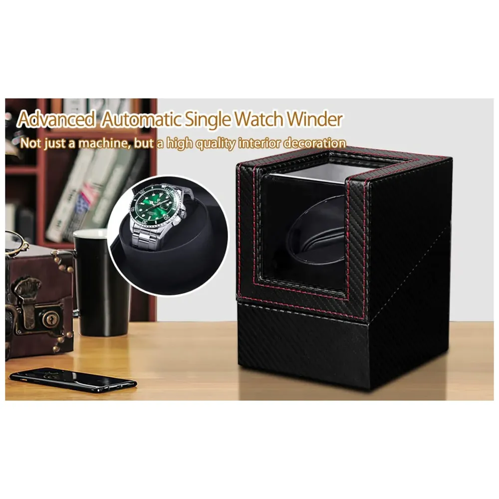 Black Luxury Automatic Single Watch Winder with Quiet Motor, AC Adapter or Battery Powered Watch Box Case Carbon Fibre Design with Red Lining