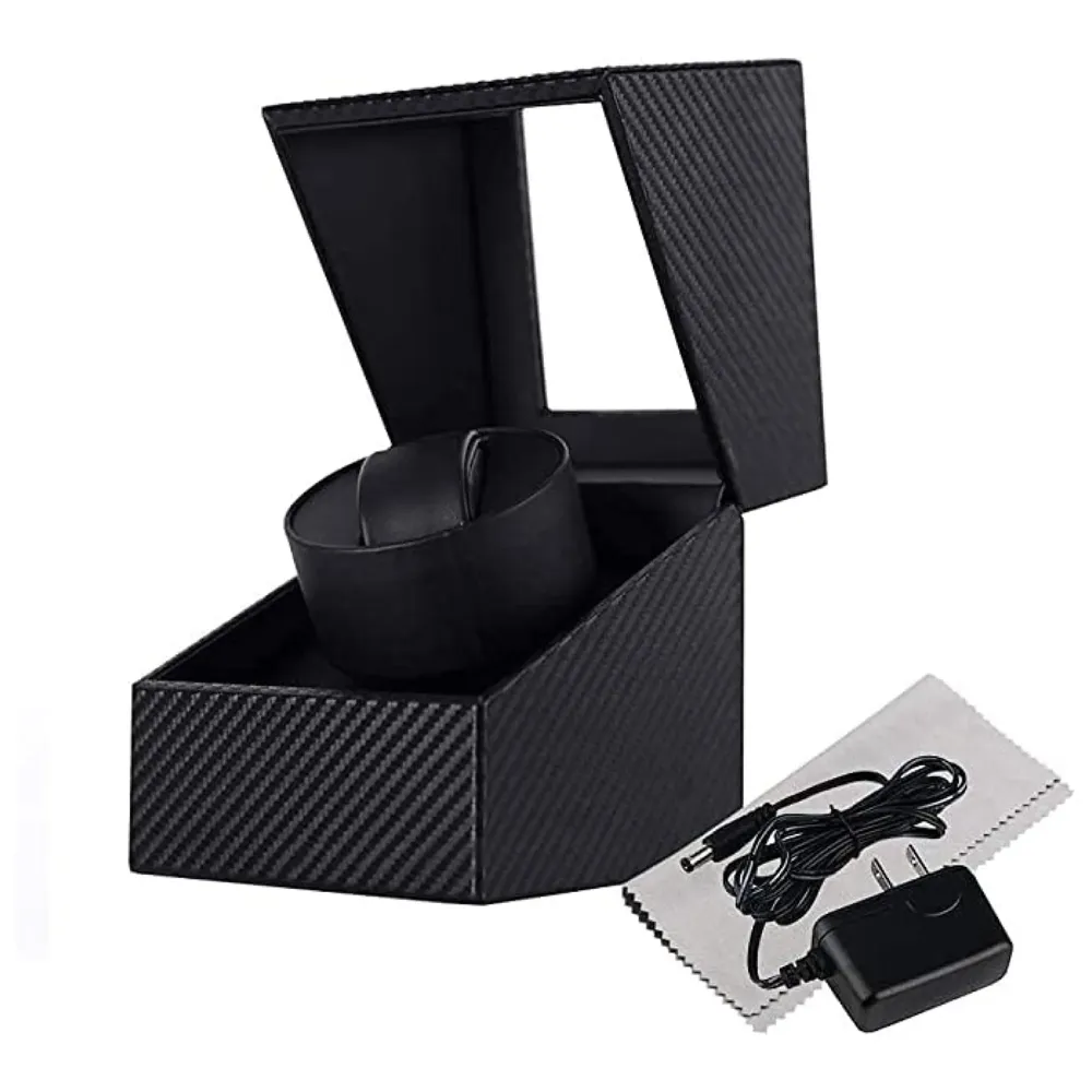 Black Luxury Automatic Single Watch Winder with Quiet Motor, AC Adapter or Battery Powered Watch Box Case Carbon Fibre Design with Red Lining