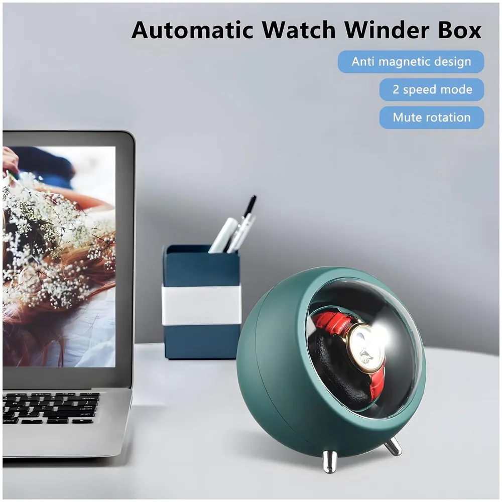 Automatic Watch Winder Box, Watch Case with Quiet Motor, Single Watch Winder, 2 Rotation Modes, for Automatic Watches, Mechanical Watch Winding - Green 15Cm x 14Cm