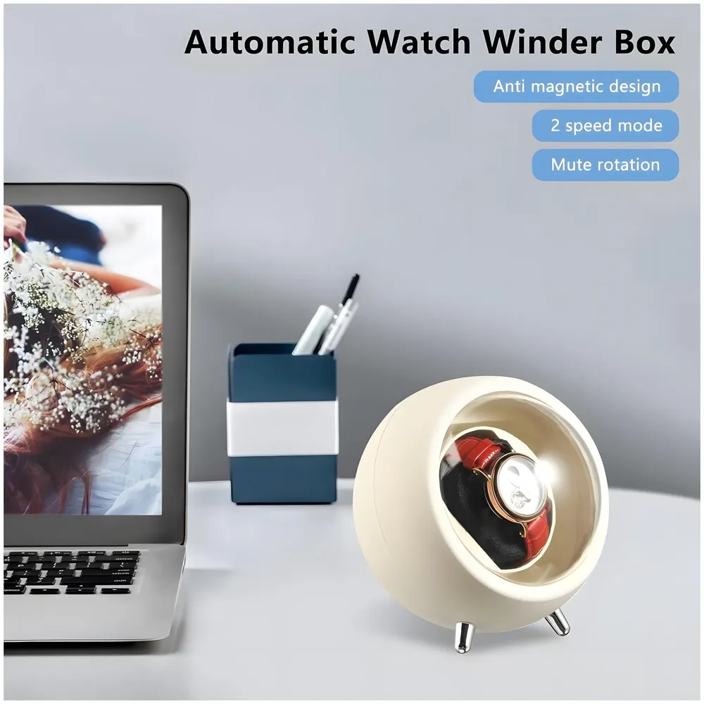 Automatic Watch Winder Box, Watch Case with Quiet Motor, Single Winder, 2 Rotation Modes, for Automatic Watches, Mechanical Watch Winding - White 15Cm x 14Cm