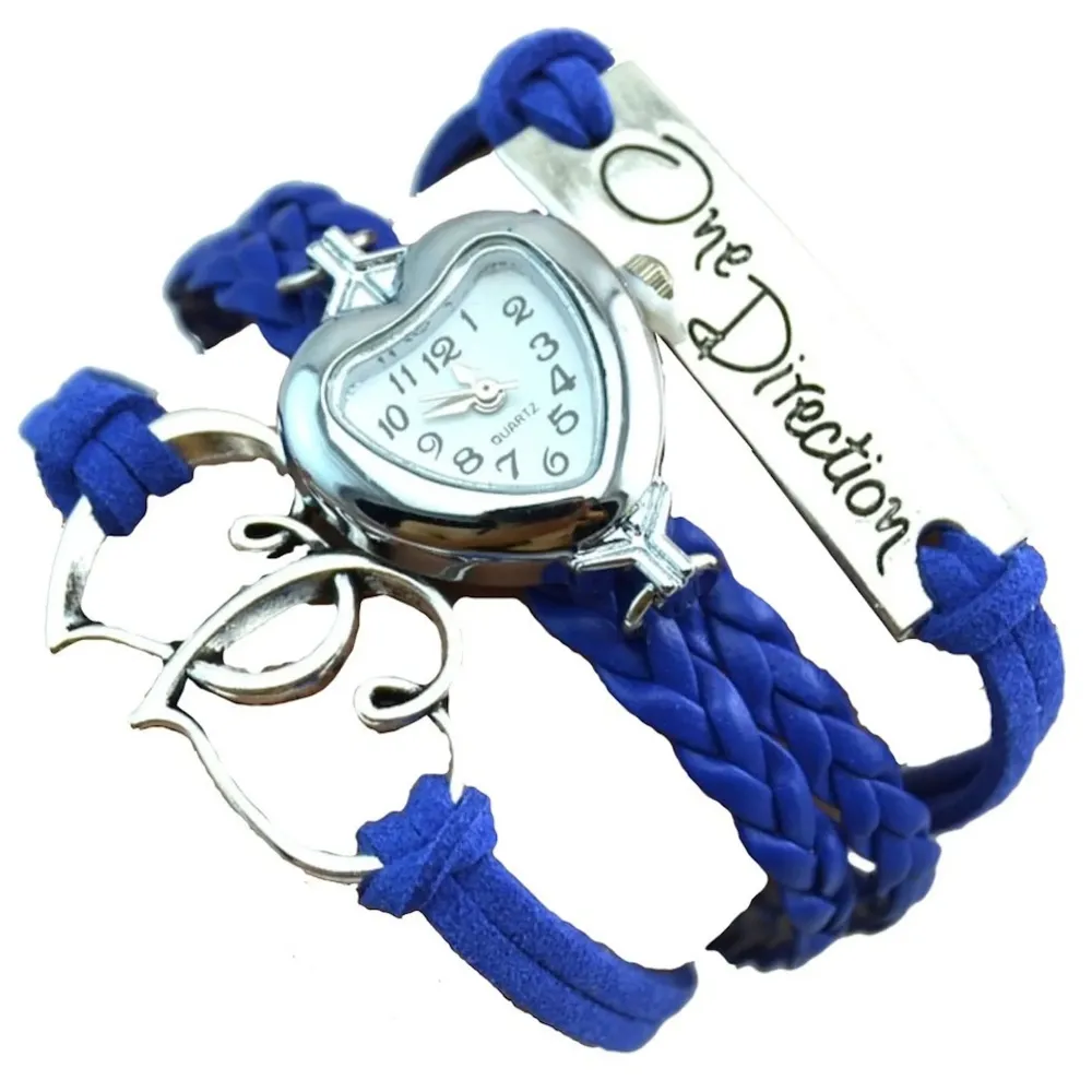 One Direction Heart Watch Charm Bracelet+Twin Hearts+One Direction+Leather JEANS BLUE