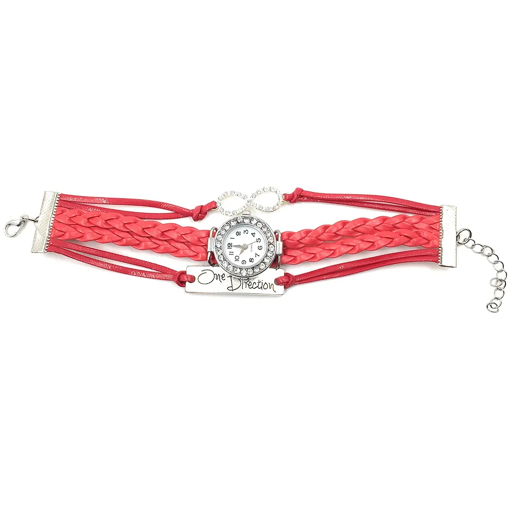 One Direction Diamond Watch Charm Bracelet+Infinity+One Direction+Leather PASSION RED