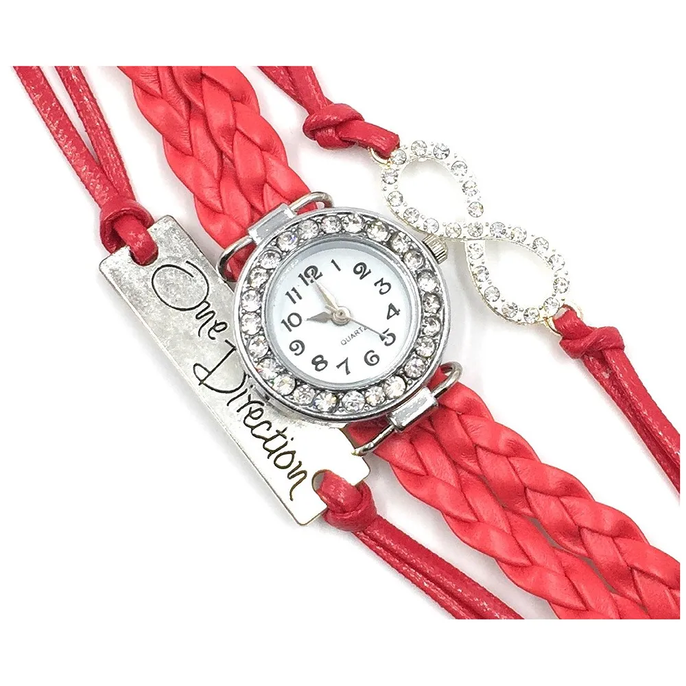 One Direction Diamond Watch Charm Bracelet+Infinity+One Direction+Leather PASSION RED