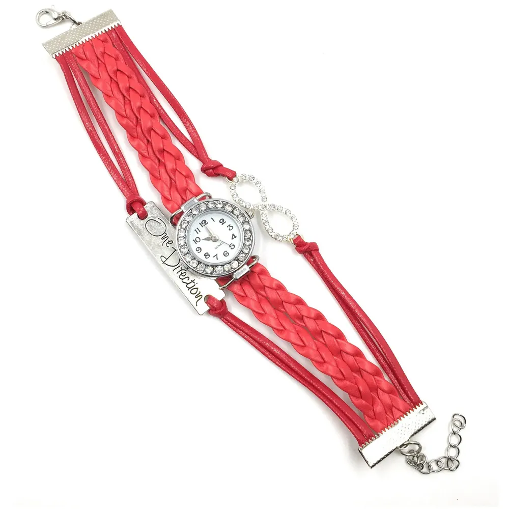 One Direction Diamond Watch Charm Bracelet+Infinity Leather Passion RED