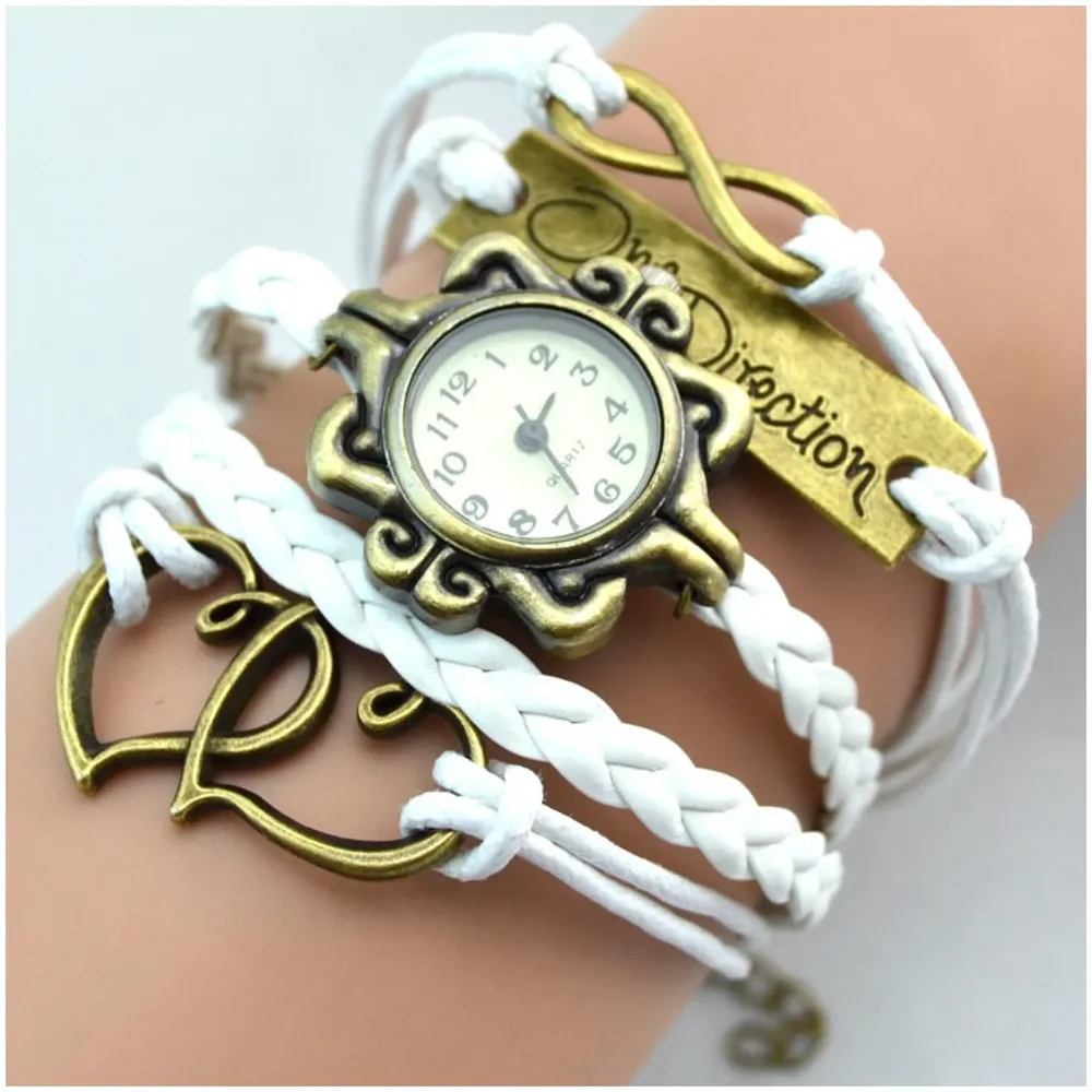 One Direction Winter White Watch Charm Bracelet+Twin Hearts+Infinity+One Direction+Airplane+Leather