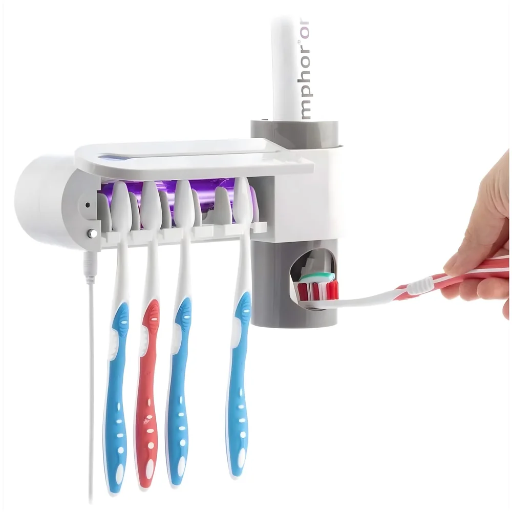 UV Sanitizer Toothbrush Holder And Squeezer Cleaner With UV Disinfectant And Fan Drying Storage Set, 4 Toothbrush Slots, Plug In USB Bathroom Wall Mounted Fit Automatic And Manual Toothbrushes
