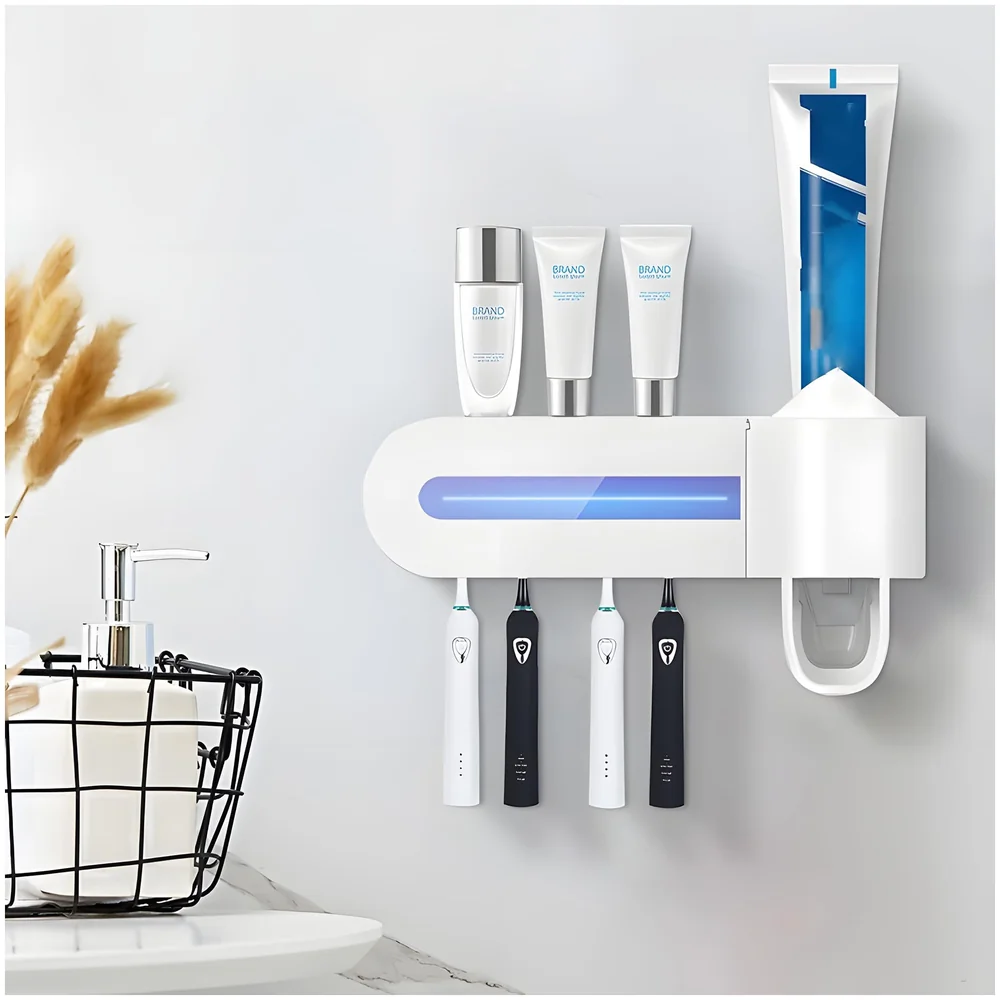 UV Sanitizer Toothbrush Holder And Squeezer Cleaner With UV Disinfectant And Fan Drying Storage Set, 4 Toothbrush Slots, Plug In USB Bathroom Wall Mounted Fit Automatic And Manual Toothbrushes