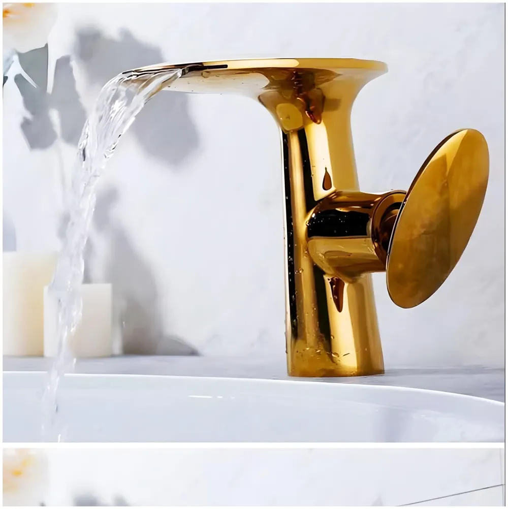 Waterfall Gold Faucet Tap Mixer Hot and Cold Heavy Single Lever Basin Mixer 15.5 Cm 360 Degree Rotating Spout and Ceramic Cartridge for Bathroom Wash Basins - 2