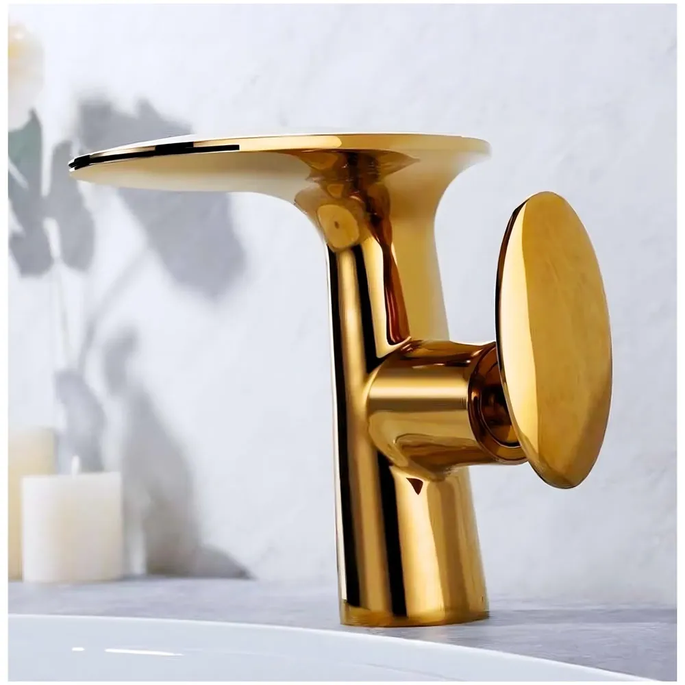 Waterfall Gold Faucet Tap Mixer Hot and Cold Heavy Single Lever Basin Mixer 15.5 Cm 360 Degree Rotating Spout and Ceramic Cartridge for Bathroom Wash Basins