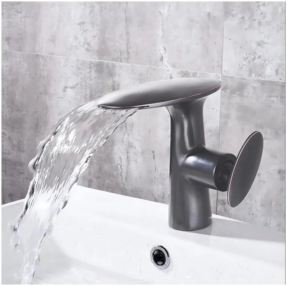 Waterfall Dark Grey Faucet Tap Mixer Hot and Cold Heavy Single Lever Basin Mixer 15.5 Cm 360 Degree Rotating Spout and Ceramic Cartridge for Bathroom Wash Basins