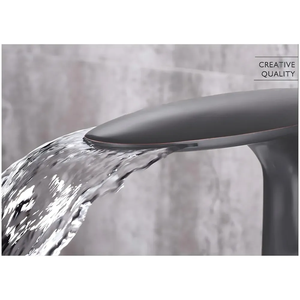 Waterfall Dark Grey Faucet Tap Mixer Hot and Cold Heavy Single Lever Basin Mixer 15.5 Cm 360 Degree Rotating Spout and Ceramic Cartridge for Bathroom Wash Basins