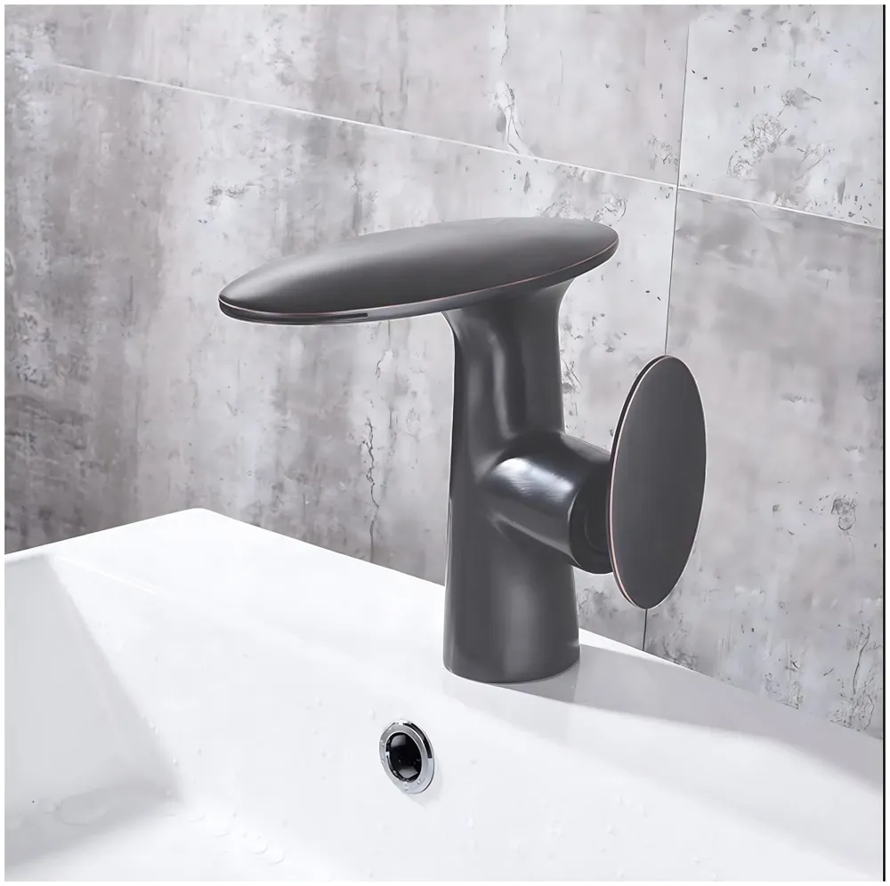 Waterfall Dark Grey Faucet Tap Mixer Hot and Cold Heavy Single Lever Basin Mixer 15.5 Cm 360 Degree Rotating Spout and Ceramic Cartridge for Bathroom Wash Basins