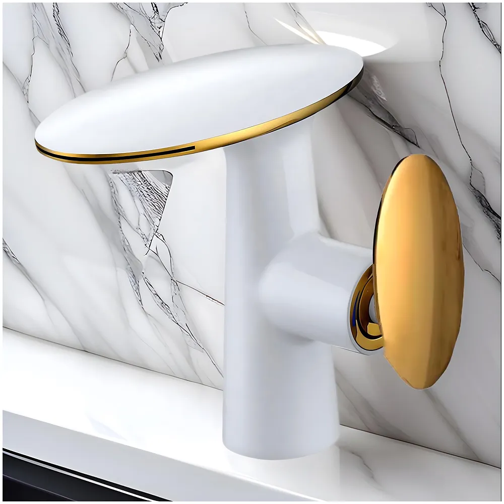 Waterfall White Gold Basin Mixer Tap 15.5cm 360 Rotating Spout