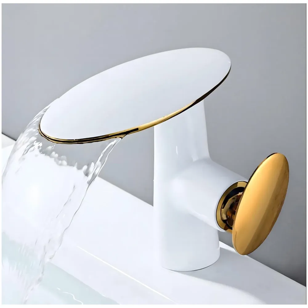 Waterfall White Gold Faucet Tap Mixer Hot and Cold Heavy Single Lever Basin Mixer 15.5 Cm 360 Degree Rotating Spout and Ceramic Cartridge for Bathroom Wash Basins