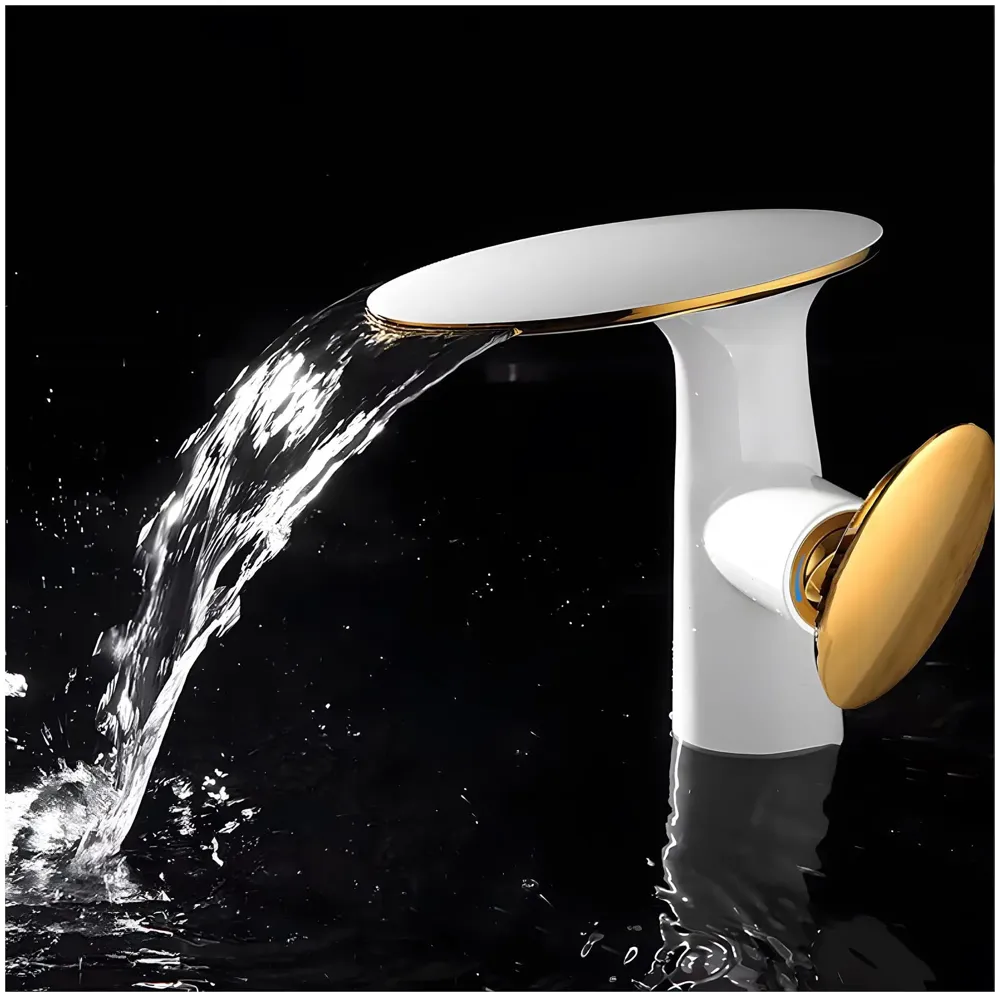 Waterfall White Gold Faucet Tap Mixer Hot and Cold Heavy Single Lever Basin Mixer 15.5 Cm 360 Degree Rotating Spout and Ceramic Cartridge for Bathroom Wash Basins