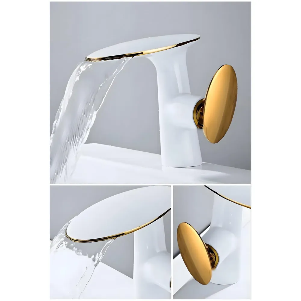 Waterfall White Gold Faucet Tap Mixer Hot and Cold Heavy Single Lever Basin Mixer 15.5 Cm 360 Degree Rotating Spout and Ceramic Cartridge for Bathroom Wash Basins